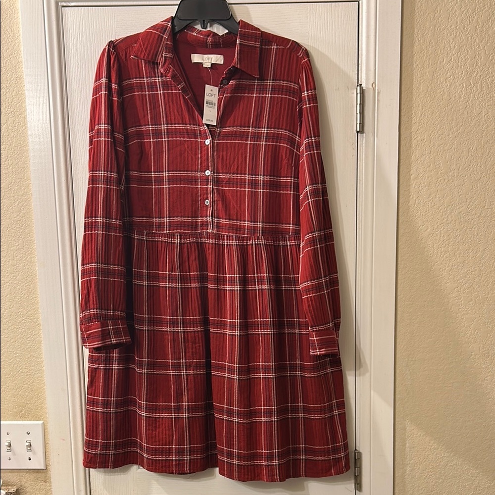 NWT Loft Red Plaid Button-Up Dress-Large